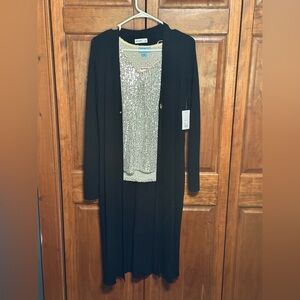 Black Long Cardigan with Silver Sequin Top